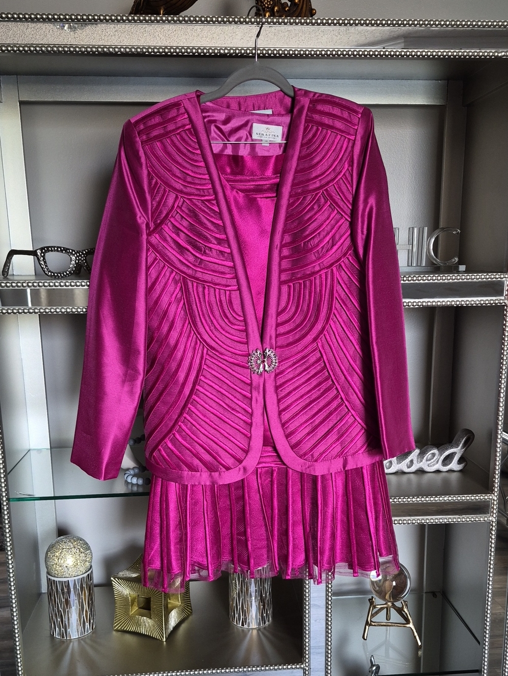 Serfina Evenings Fuchsia Satin Pleated Jacket with Decorative Clasp